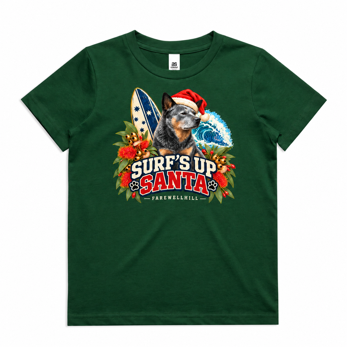FAREWELLHILL Youth Staple Tee - Surf’s Up Santa
