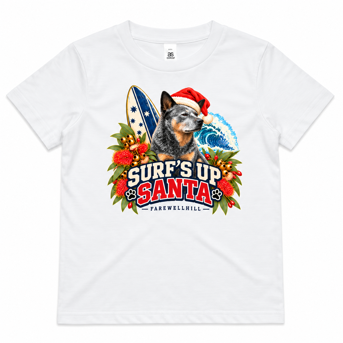 FAREWELLHILL Youth Staple Tee - Surf’s Up Santa