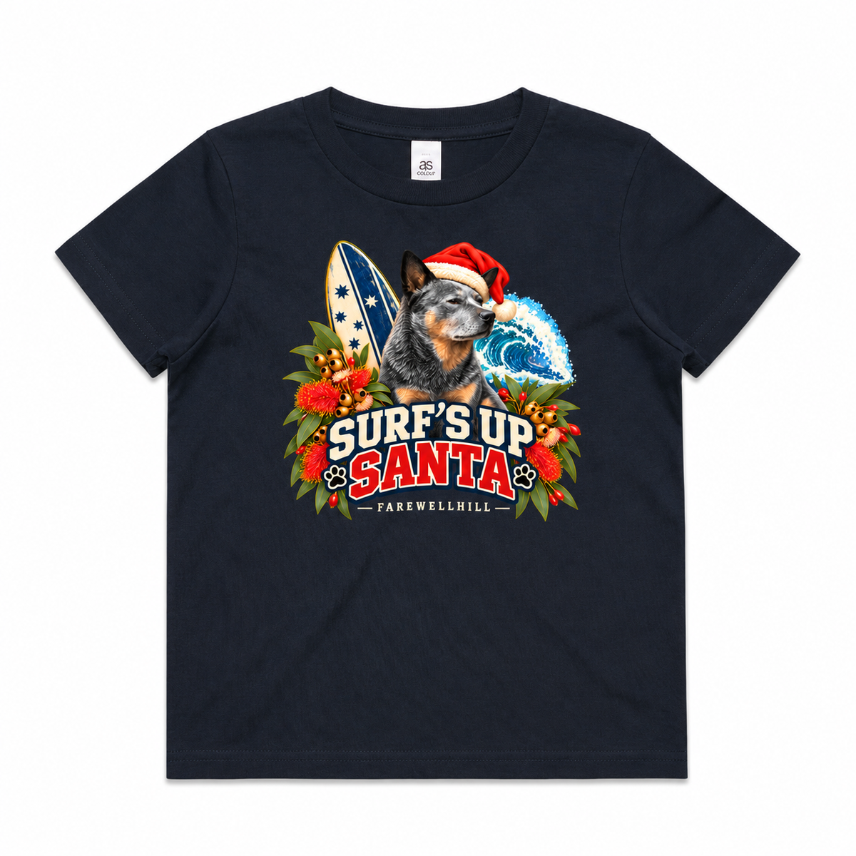 FAREWELLHILL Youth Staple Tee - Surf’s Up Santa