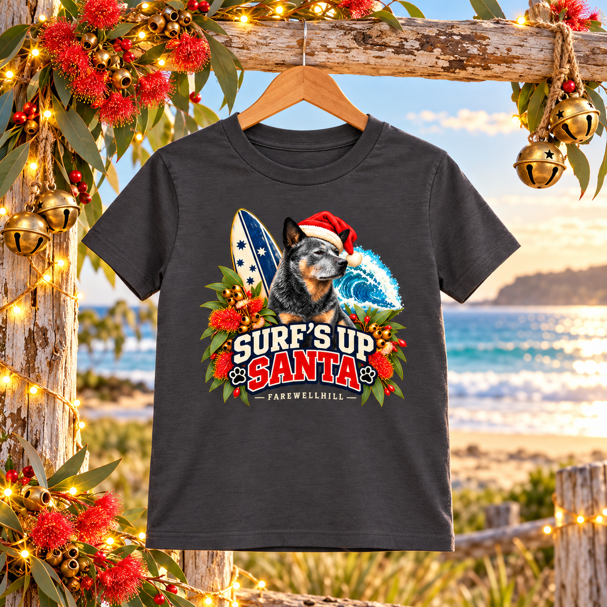 FAREWELLHILL Youth Staple Tee - Surf’s Up Santa